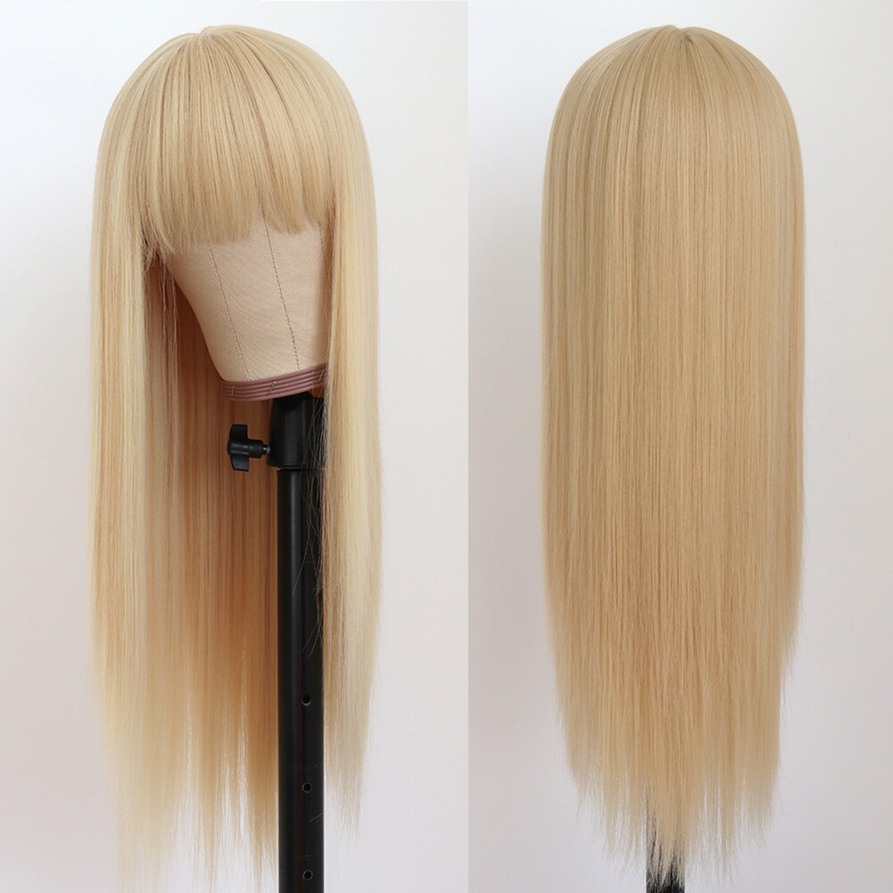 Long Blonde Heat Resistant Straight Hair No Lace Natural Women Wigs Full Bangs
