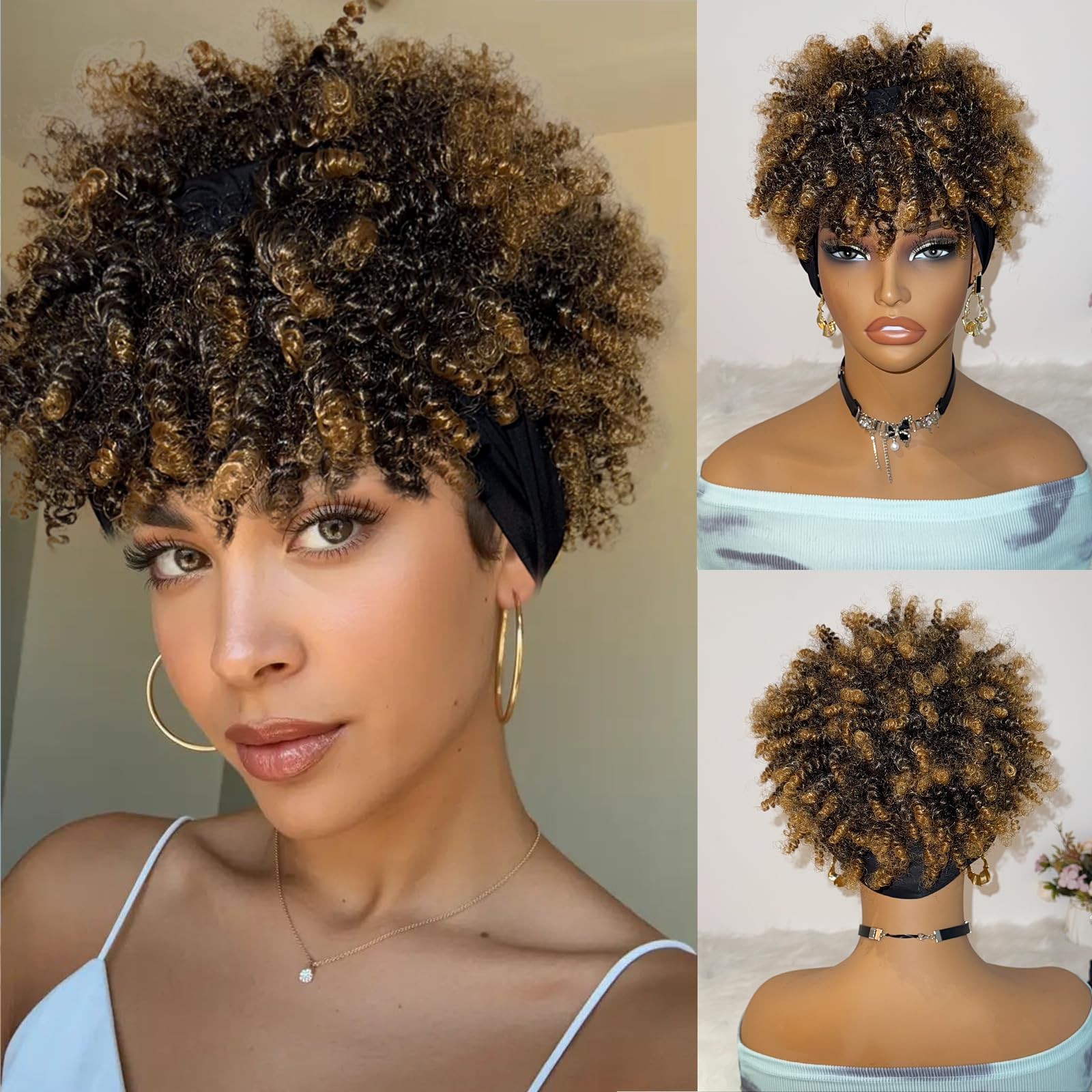 Afro Headband Kinky Curly Headband with Bangs Blonde Head-Wrap Wigs 2 in 1 Om…