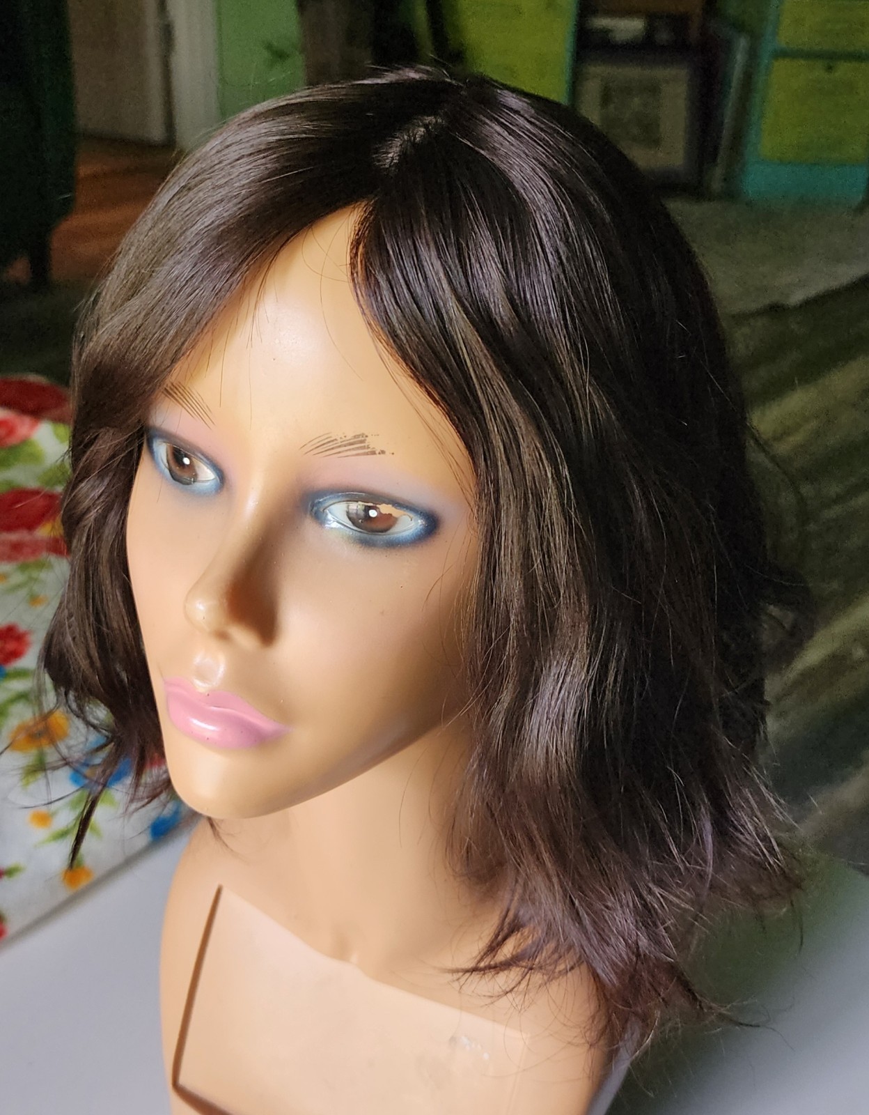 Dark Brown Wavy Layered Human Hair Wig 16 inches Medium Cap, Mono Part