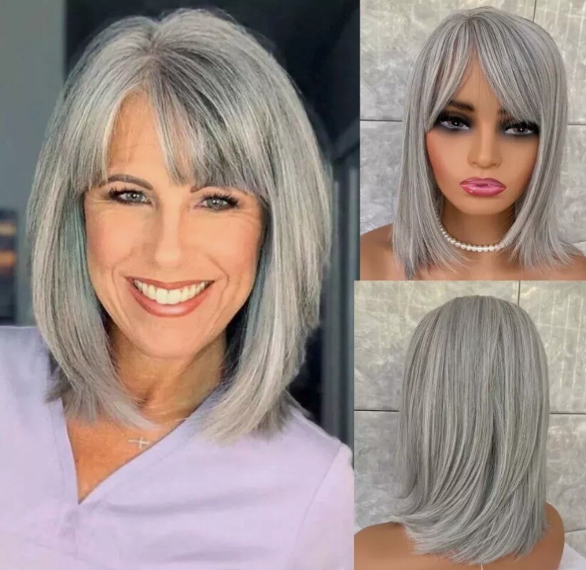 New Salt and Pepper Short Bob Style Women’s Synthetic Hair Grandma Capless Wigs