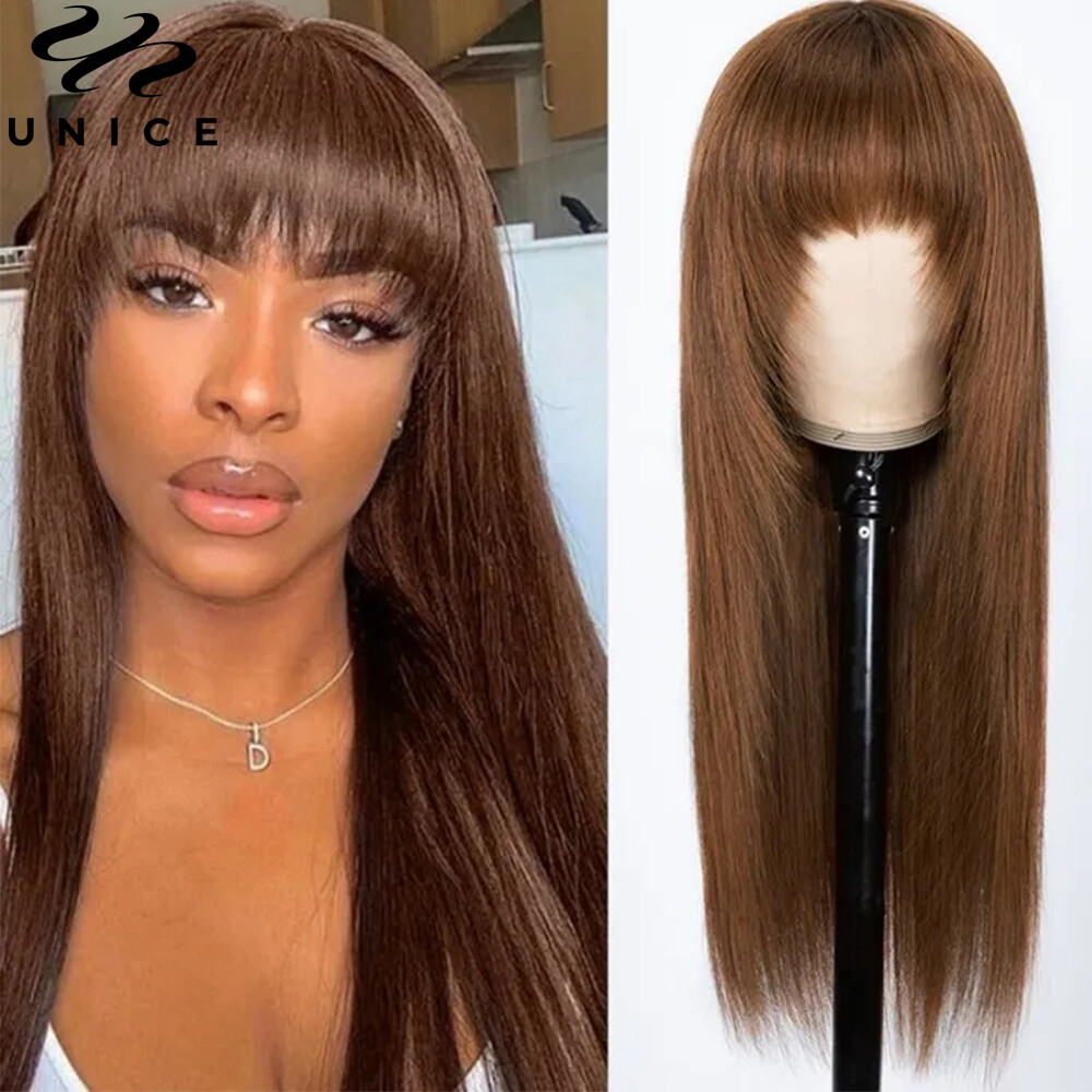 UNice Cambodian Brown Yaki Straight Human Hair Wig with Bangs Lace Wig Layer Cut