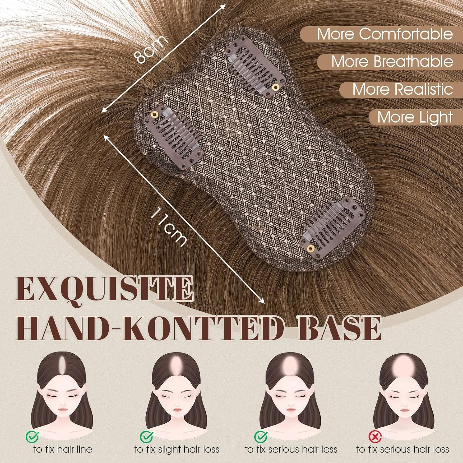 Hair Topper 100% Remy Human Hair, #4 Medium Brown, 10″ w/ Air Bangs FREE SHIP!
