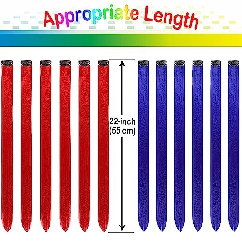 Red and Blue Hair Extensions Clip in 12 PCS, Colored Hair Extensions Party High