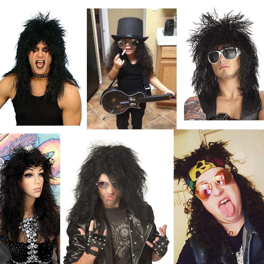 Men’s 80s Black Mullet Wigs Male Hair Punk Heavy Metal Rocker Long Curly Wig USA