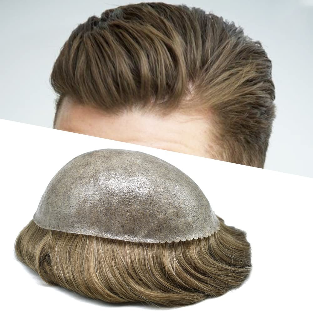 Mens Toupee HumanHair Systems Full Poly Thin Skin HairPiece Replacement SystemUS