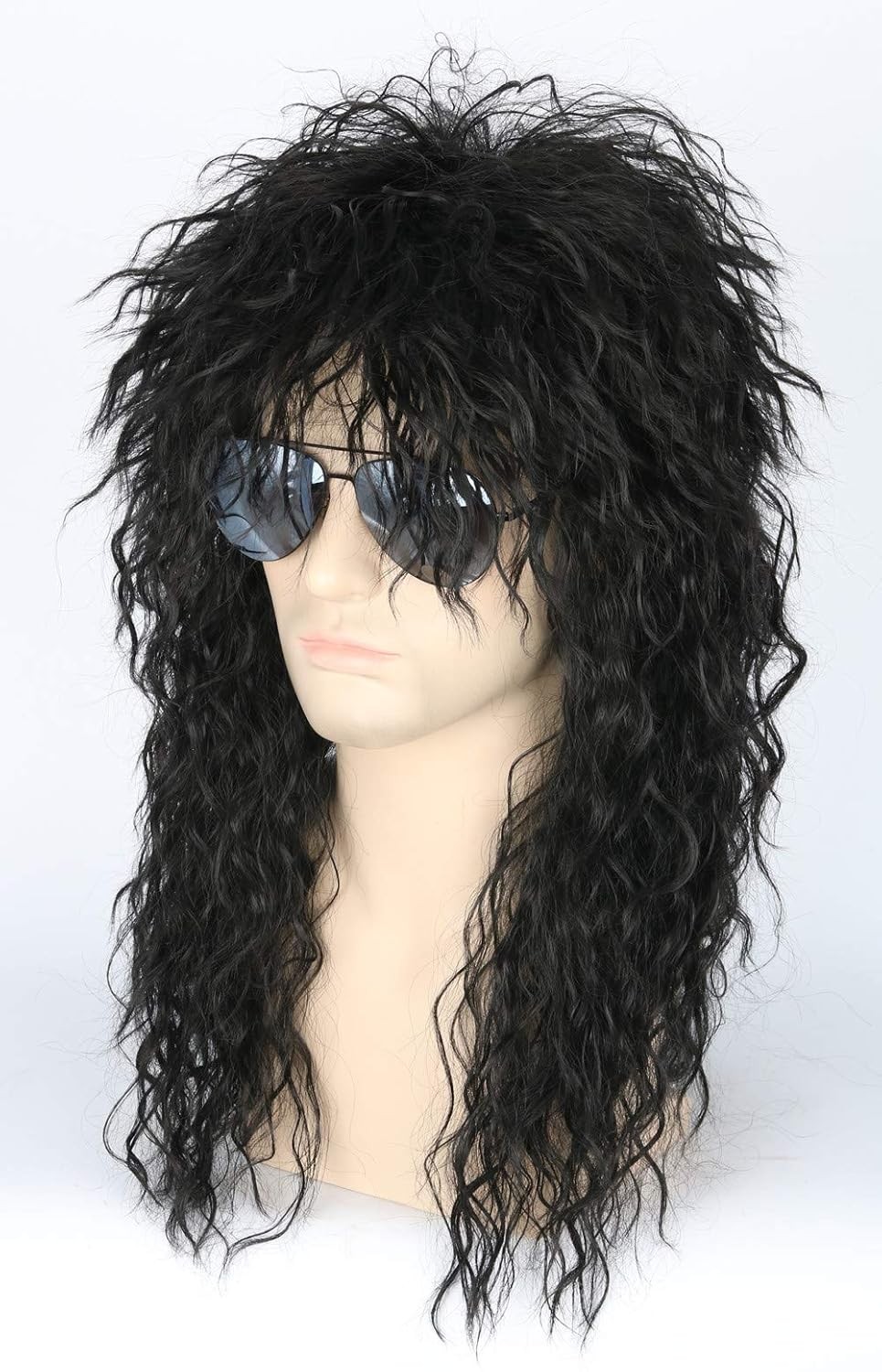 Men’s 80s Black Mullet Wigs Male Hair Punk Heavy Metal Rocker Long Curly Wig USA