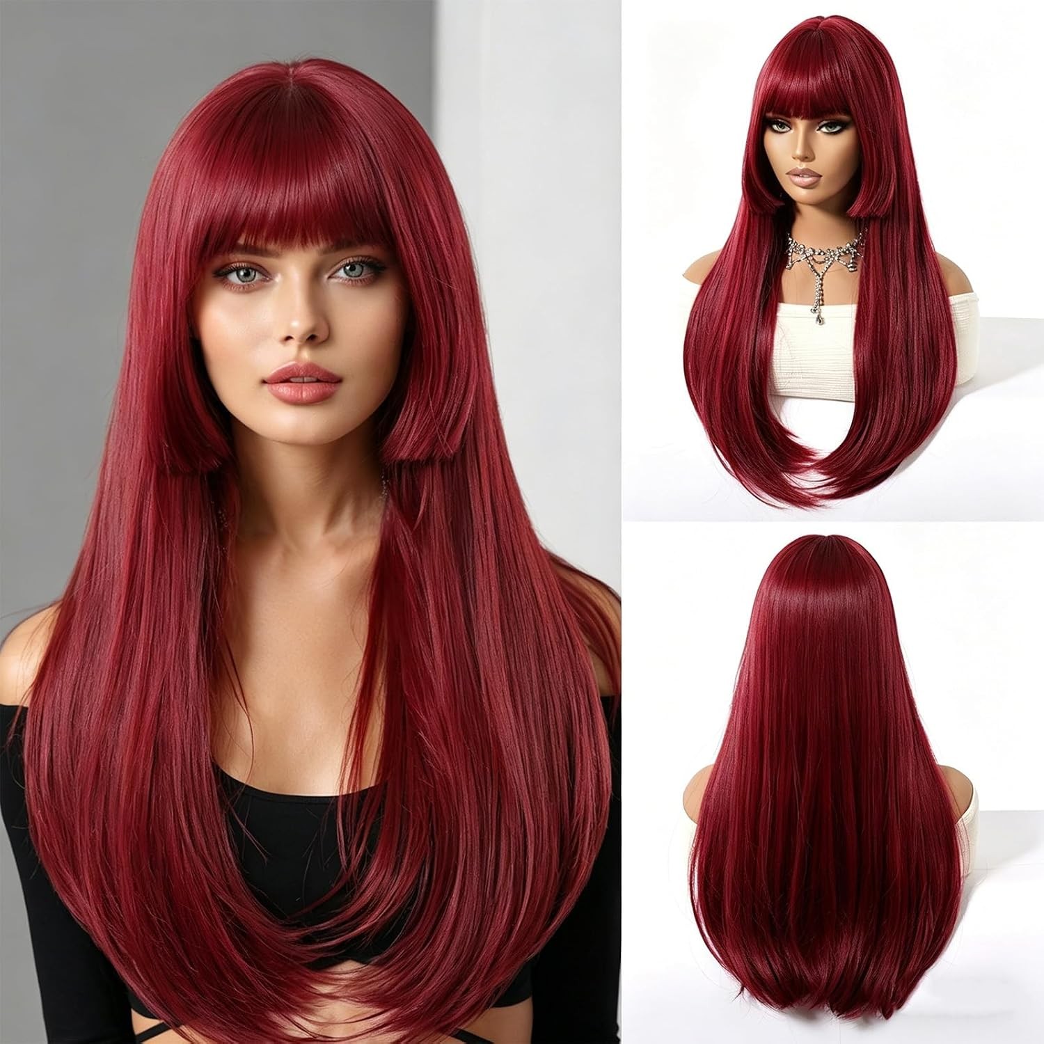 Long Wig with Bangs for Women Brown Blonde Highlight Synthetic Wig Medium Length