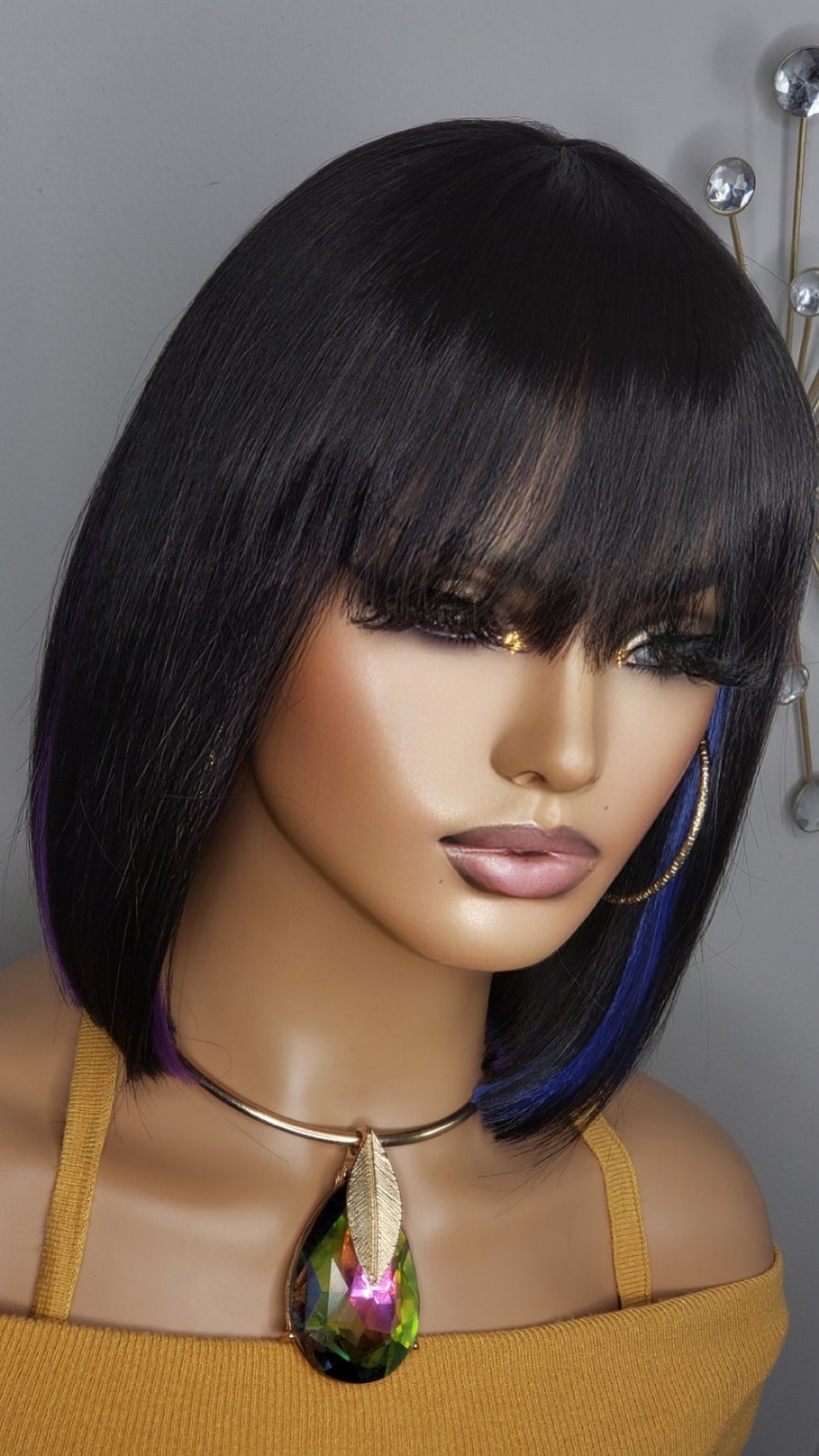 New Short Human Hair Blend Straight Bob Wrap Full Cap Wig Black Blue Purple Wig