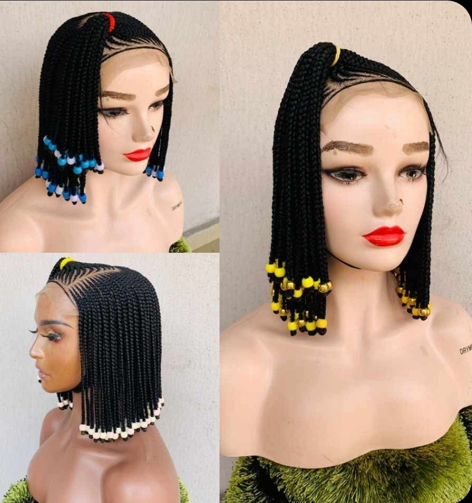 Braided Wig Beaded Short Bob Multi-Color Synthetic Free-Part for Women