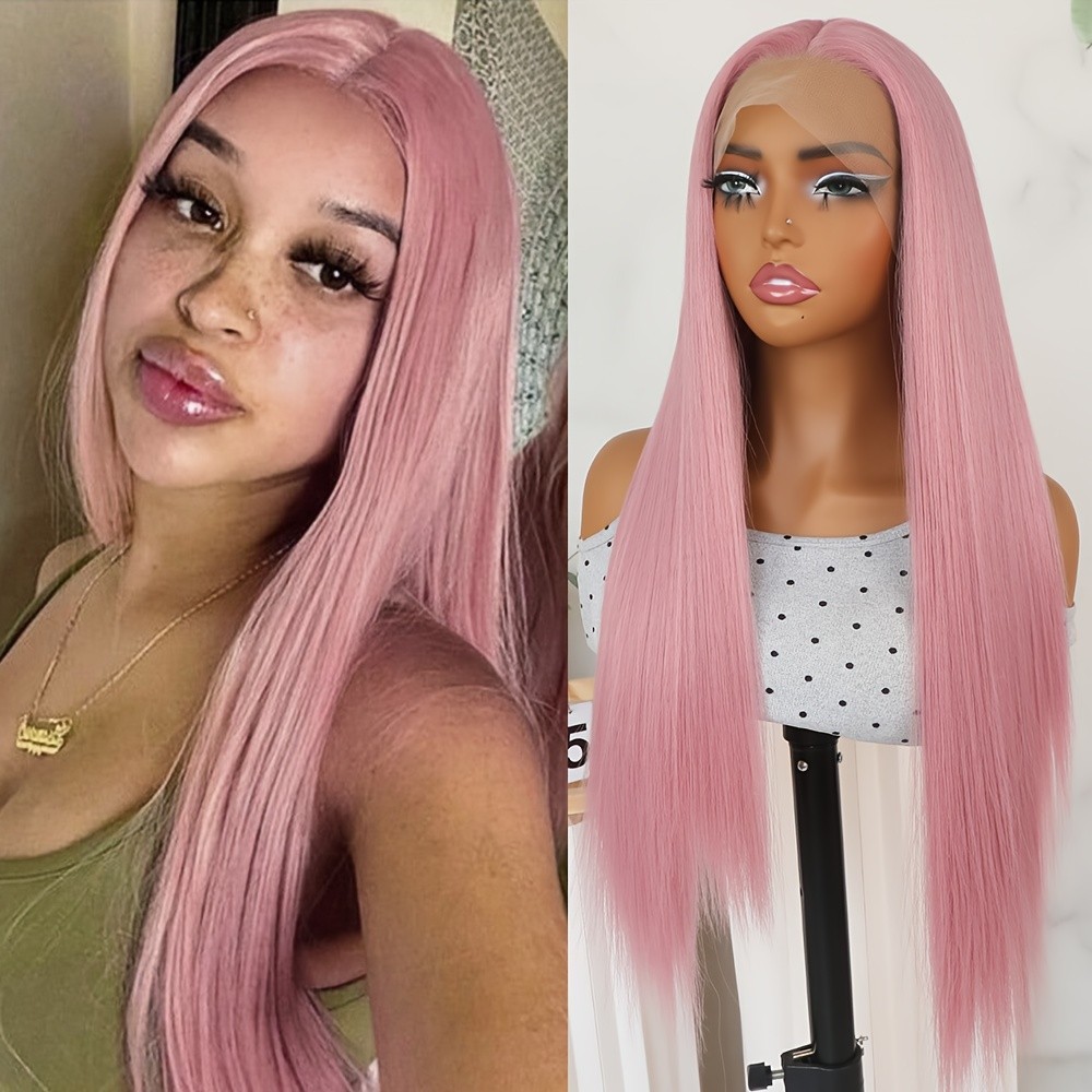 Pink Lace Front Wig Long Silky Straight Hair Glueless HD Lace Replacement Wigs