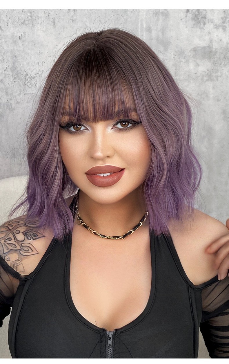 10-inch purple Bob short wavy curly wig with wave patterns