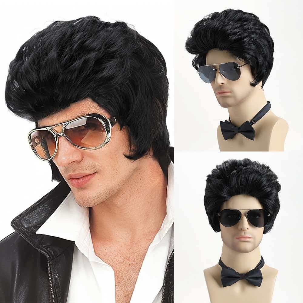10in Black Pompadour Greaser Wig with Sideburns Full Heat Resistant Cosplay