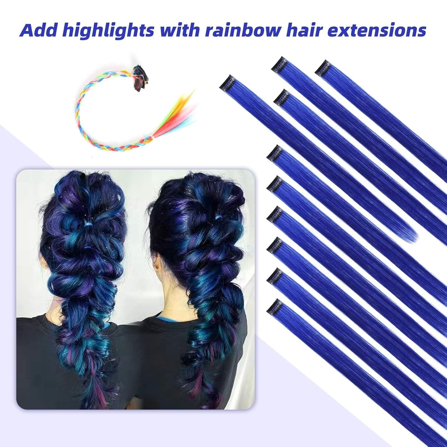 Blue Hair Extensions Clip in 10 Pieces Synthetic