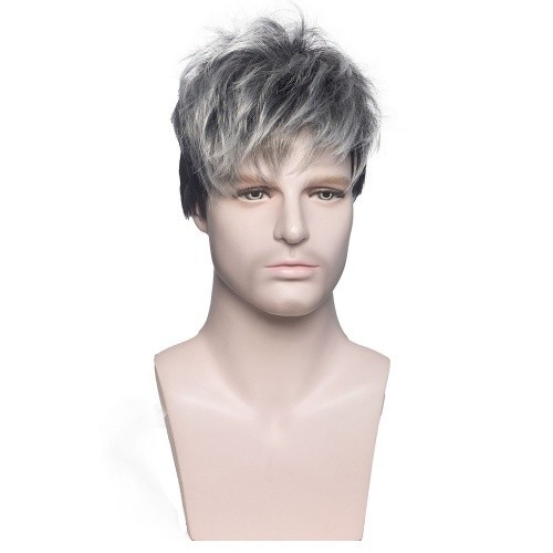 Short Wig Silver Gray with Black Synthetic Hair Wig Layered Textured Pixie Wigs