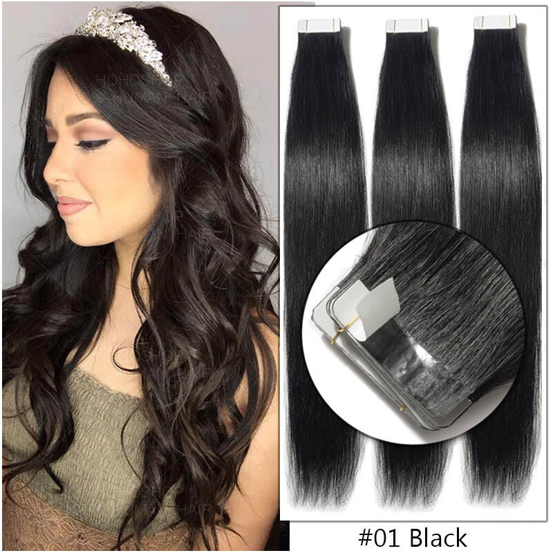 Tape In Russian Remy 100% Human Hair Extensions Skin Weft Thick Full Head 22″24″