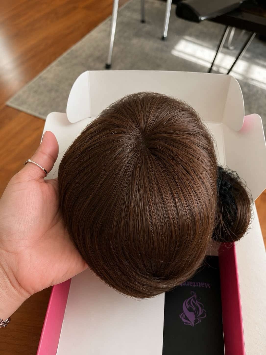 Real Human Hair Clip-In Topper Hairpiece Wiglet w/ Bangs Medium Brown 12in