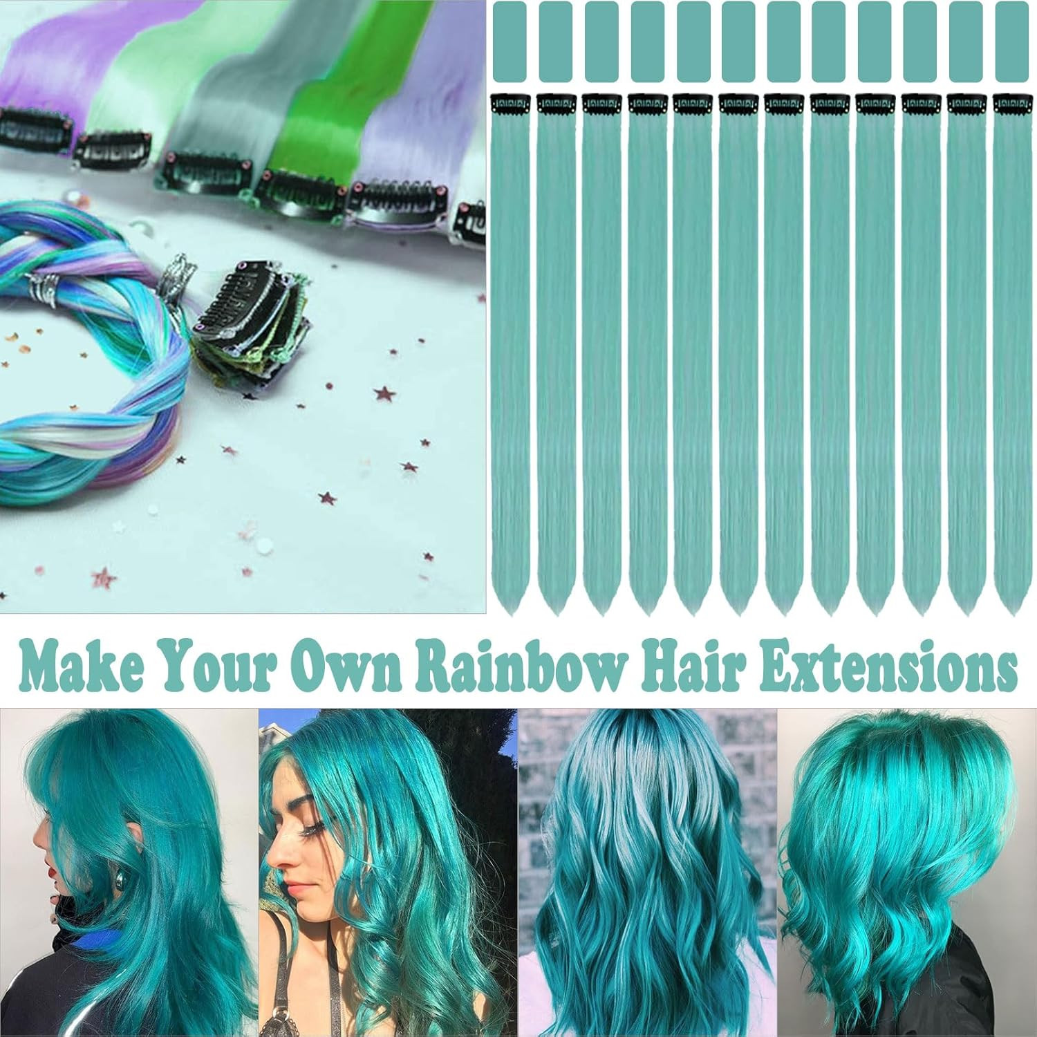 Teal Blue Clip-In Hair Extensions, 22 Inch Synthetic Highlights for All Ages