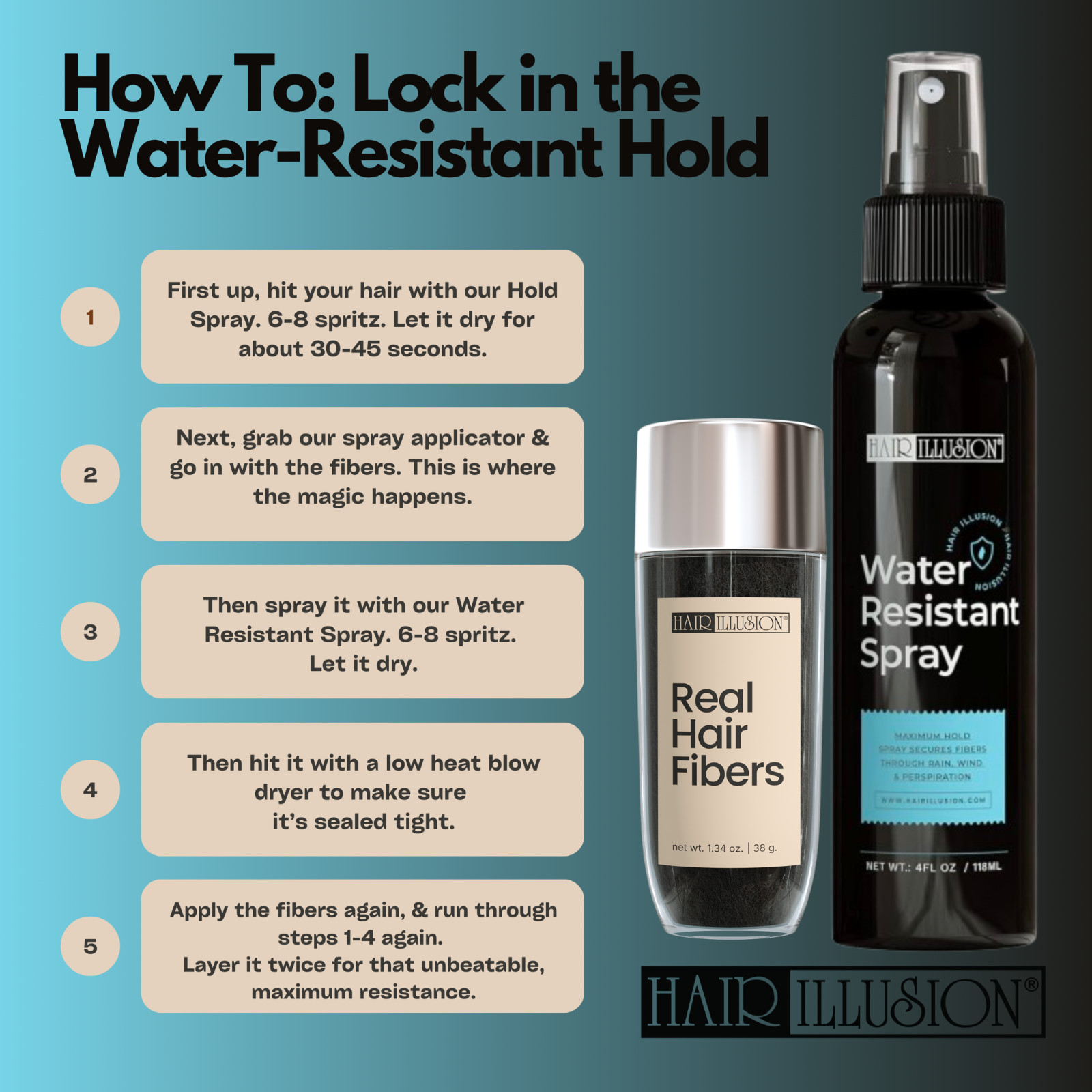 Hair Illusion 38g Black Real Hair Fibers + Water Resistant Spray + Applicator