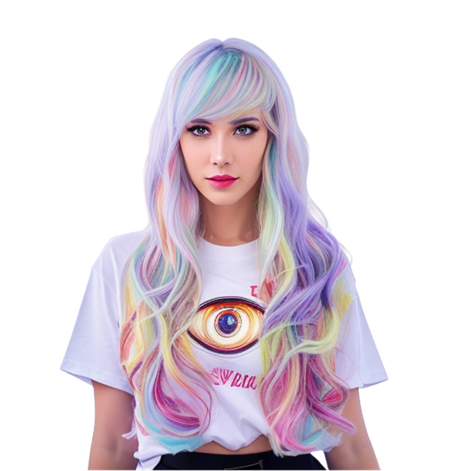 Rainbow Colorful Wigs for Women 26 Inches Long Wavy Fashion Synthetic Full He…