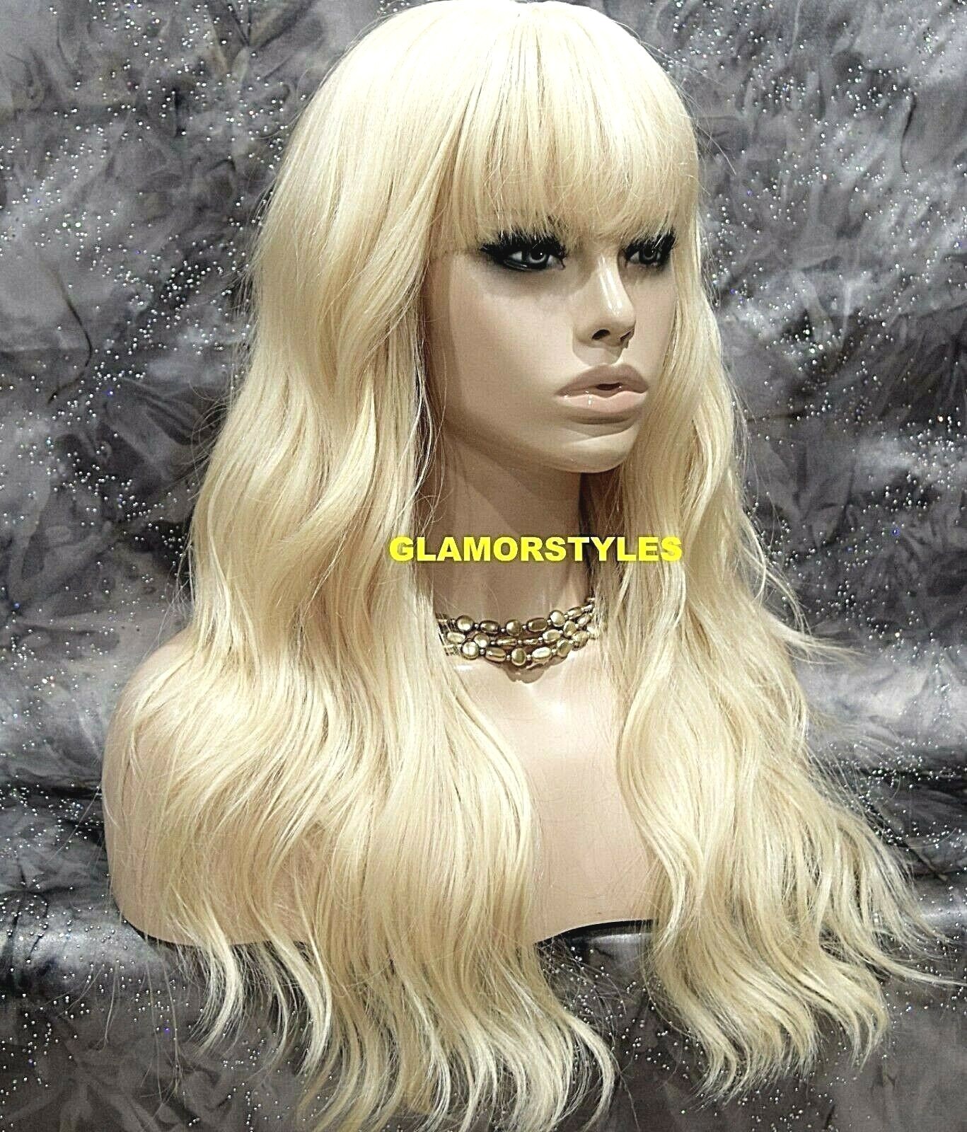 FULL WIG LONG LAYERED WAVY WITH BANGS BLEACH BLONDE #613 HEAT OK NWT