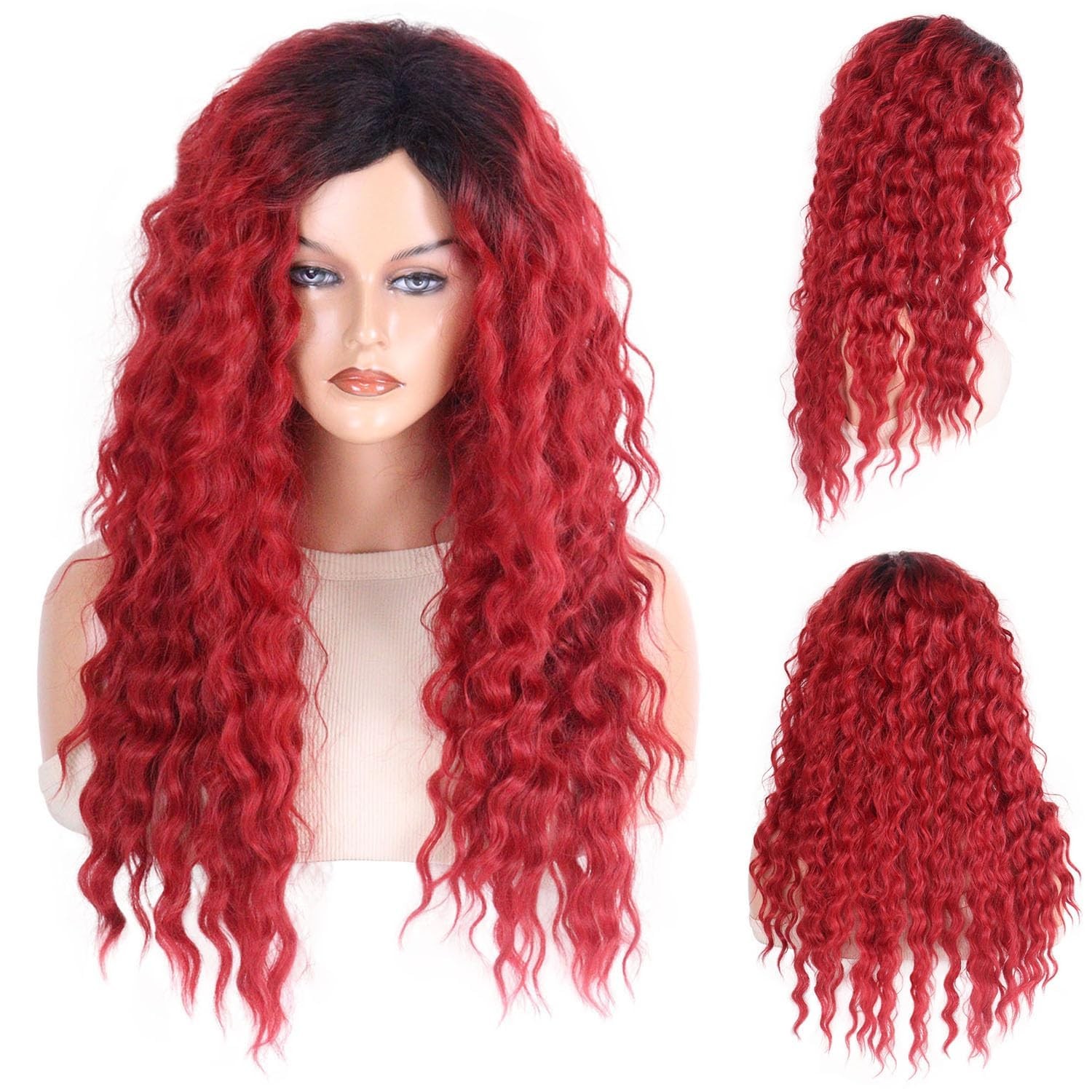 26″ Long Red Wig Curly 80s Women Bouncy Layered Ombre Black Roots Synthetic