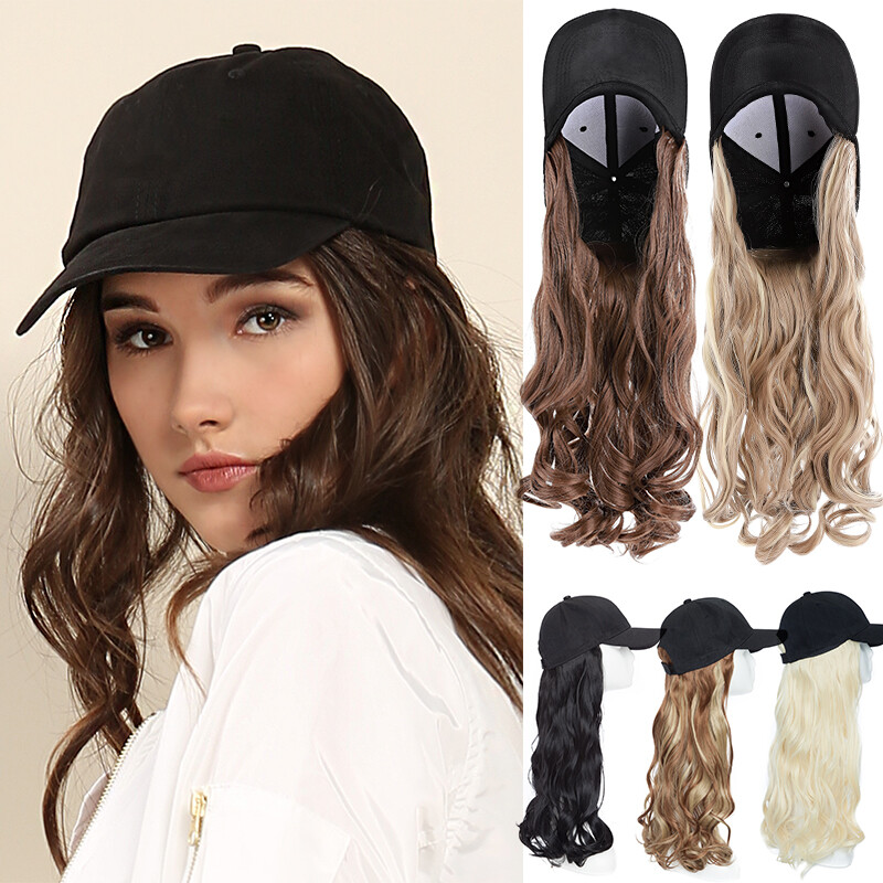 Cap With Hair Extensions Long Baseball Hat Curly/Wavy Hairpiece Natural as Human