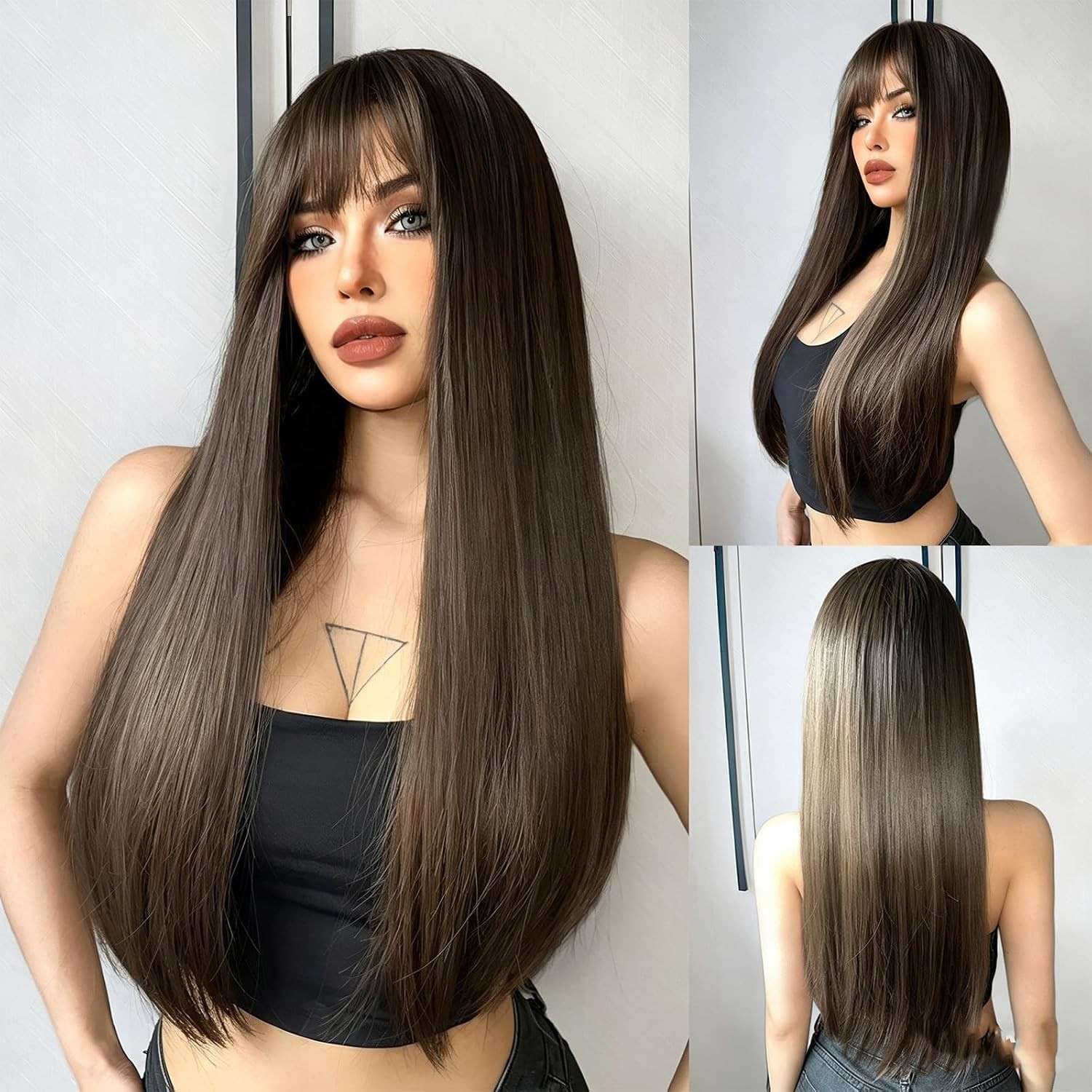 Long Wig with Bangs for Women Brown Blonde Highlight Synthetic Wig Medium Length