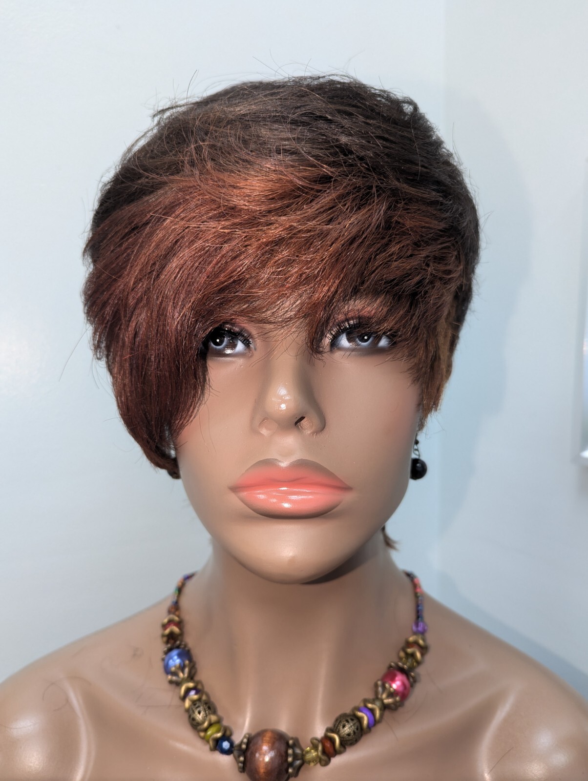 Asymmetrical 100% Virgin Chinese Full Cut Lace Wig Color Brown Highlight Arburn