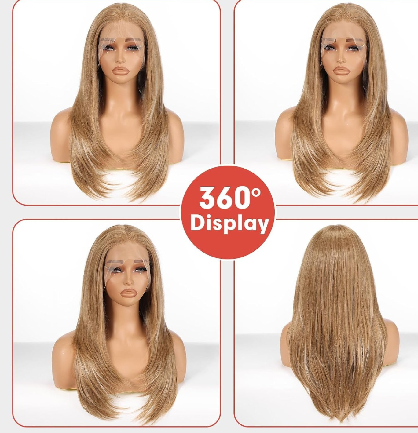 HD Light Brown Lace Front Human Hair Blend Straight Wigs