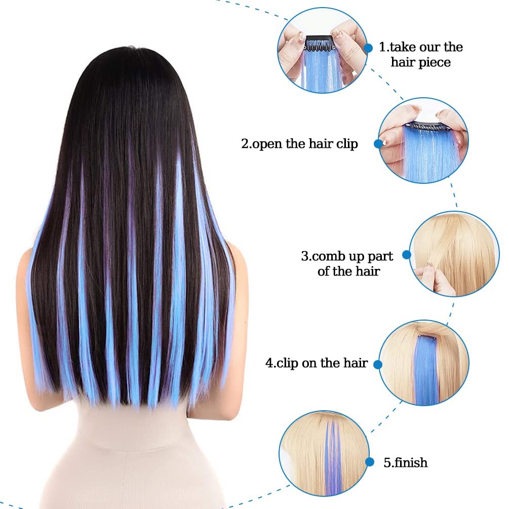 Blue Clip in Hair Extensions 100% Real Human Hair – Straight Highlights Color…
