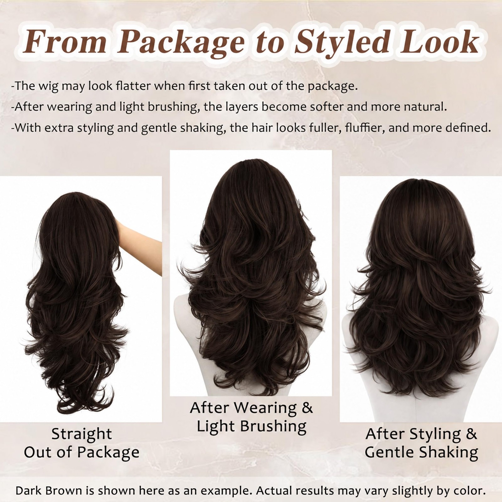 Dark Brown Layered Wig with Bangs, Long Wavy Wig with Curtain Bangs(Can Be Tr…