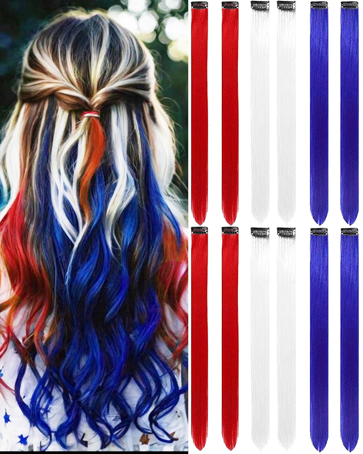 12 PCS Red White Blue Clip-In Straight Hair Extensions, 22 Inch Colored Party Sy