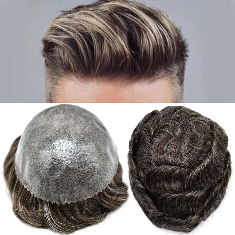 Mens Toupee Full Poly Skin Hairpiece Injected PU Human Hair Replacement Systems