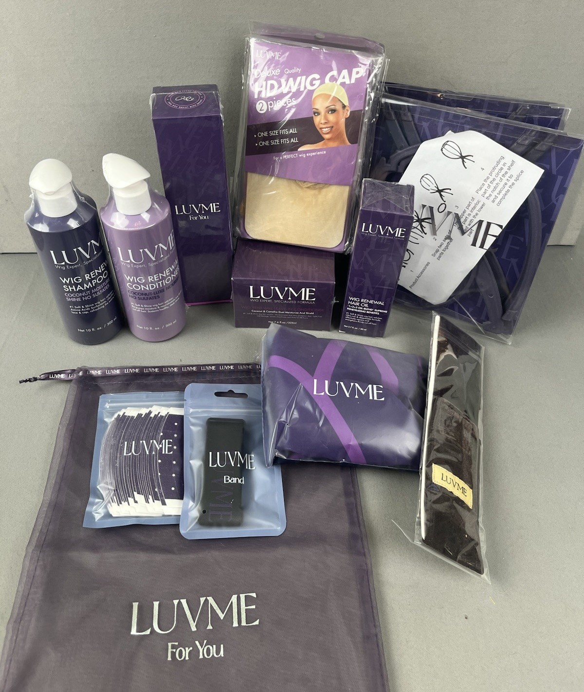 LuvMe Wig Hair Care Product Lot – Shampoo Conditioner Hair Oil Cap Stand Band