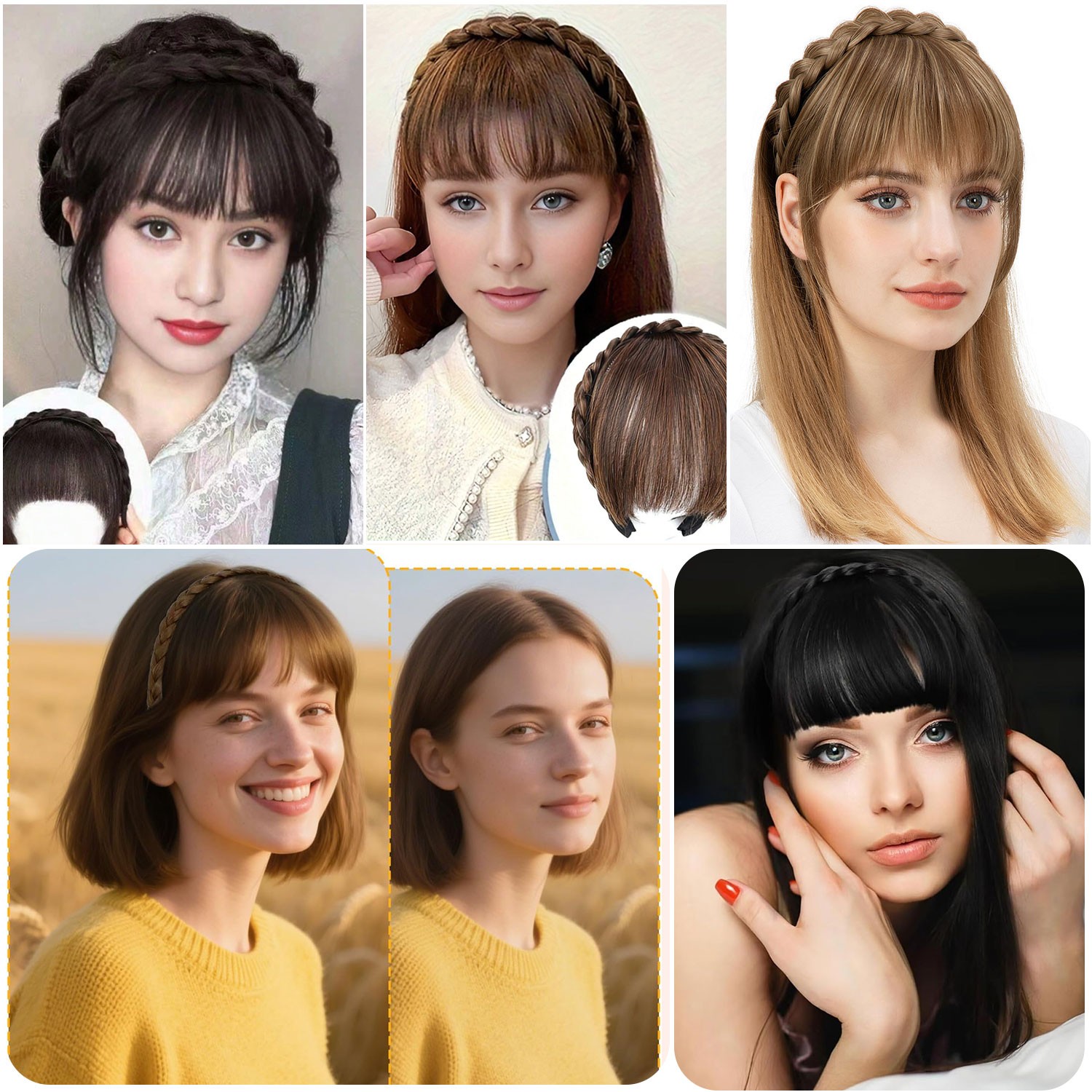 US Thick Braided Headband Fringe Hair Extensions Front Neat Bangs Hairpiece Xmas