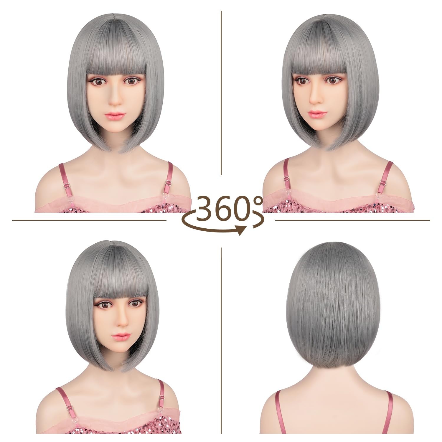 SW07 Gray Bob Wig Short 12″ women soft bangs easy to wear Colorful synthetic