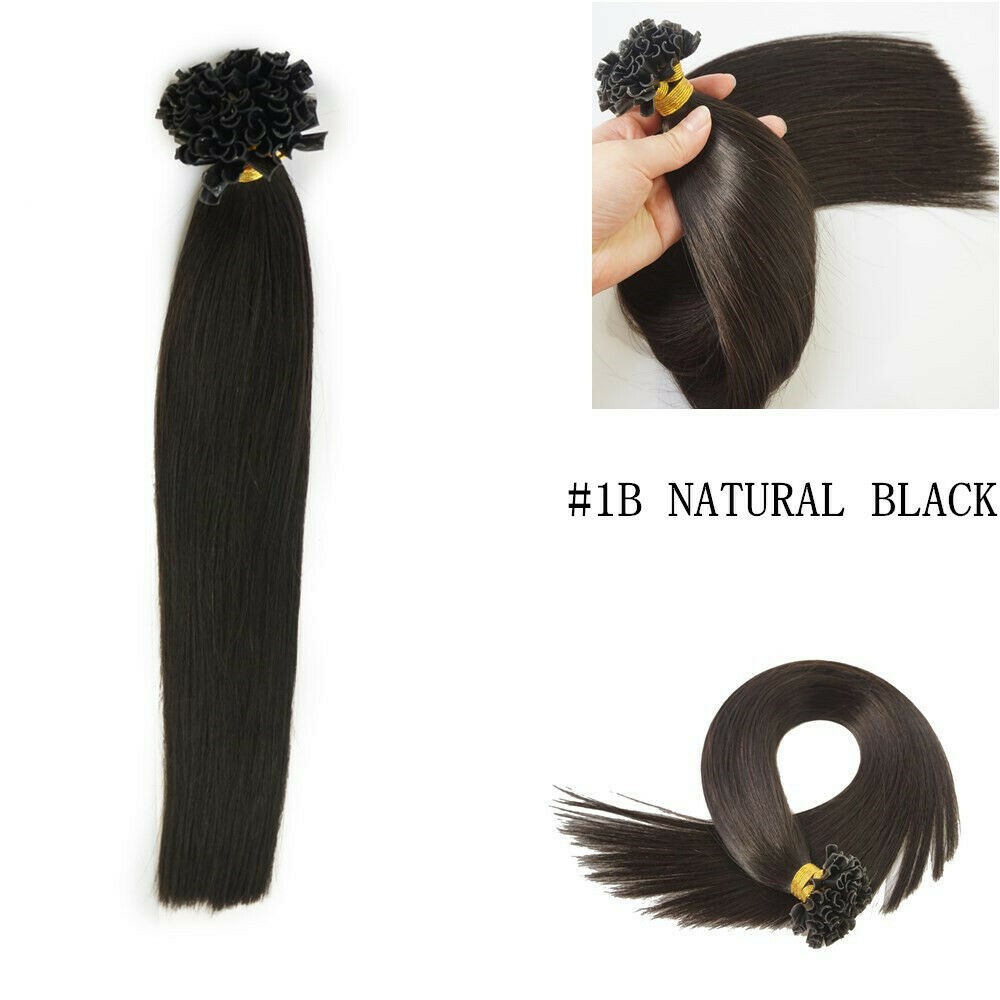 Pre Bonded Keratin Fusion U Tip Real Human Hair Extensions Natural Black 18inch
