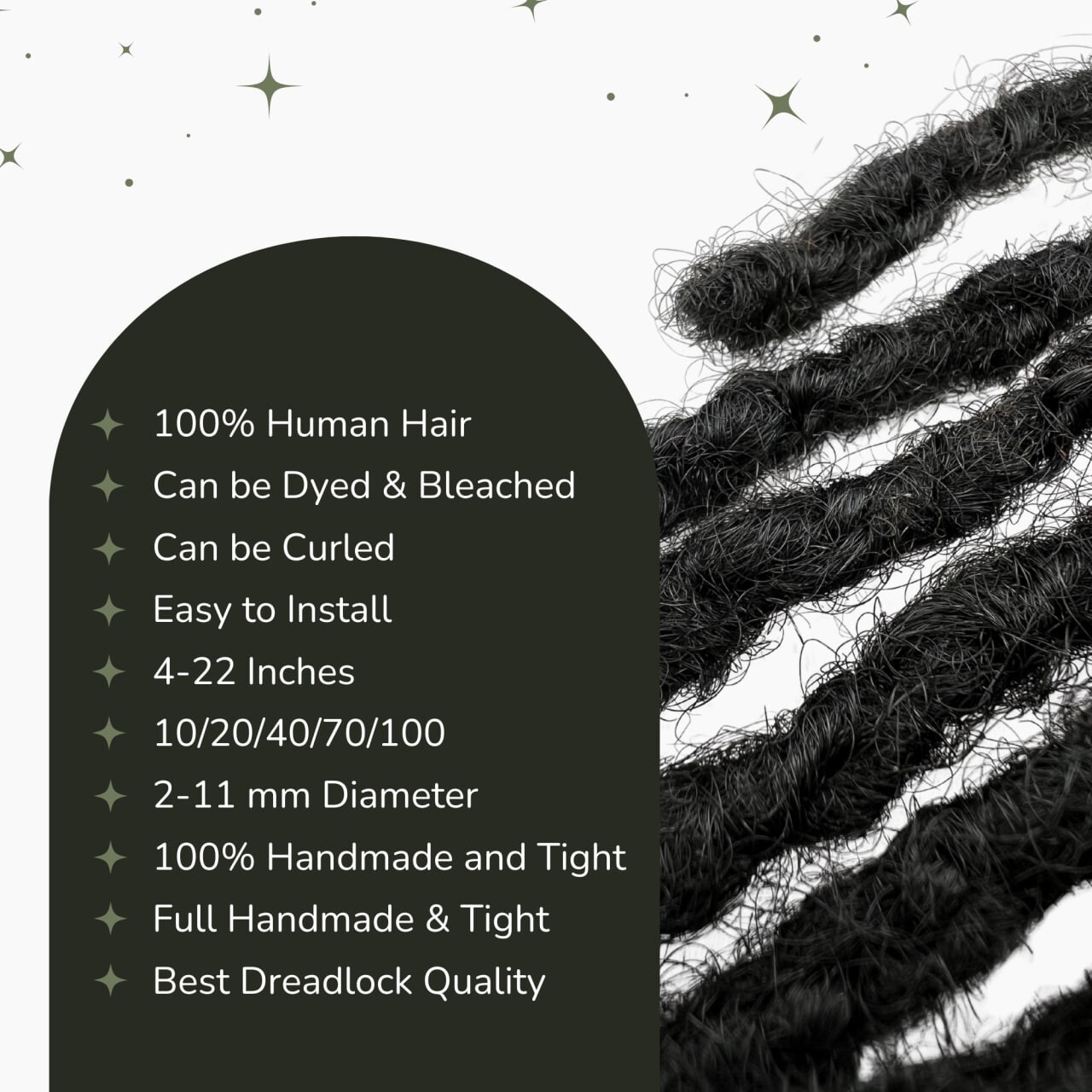 Textured interlocd human hair Dreadlock extensions, blunt tips, length: 4 ”- 60