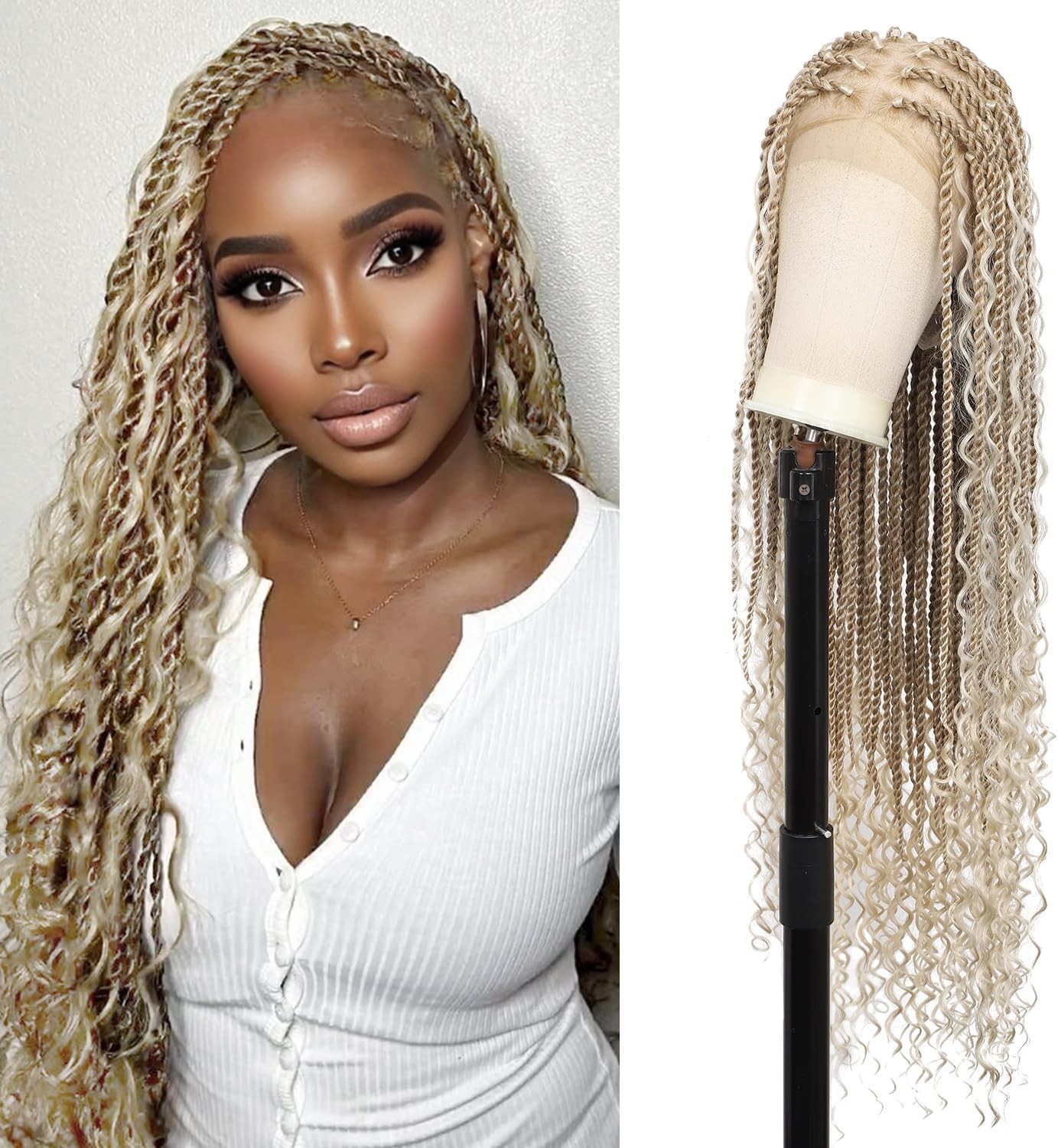 Braided Wig Light Blonde Boho Box Braids Full Lace Glueless Curly Ends 32″ Long