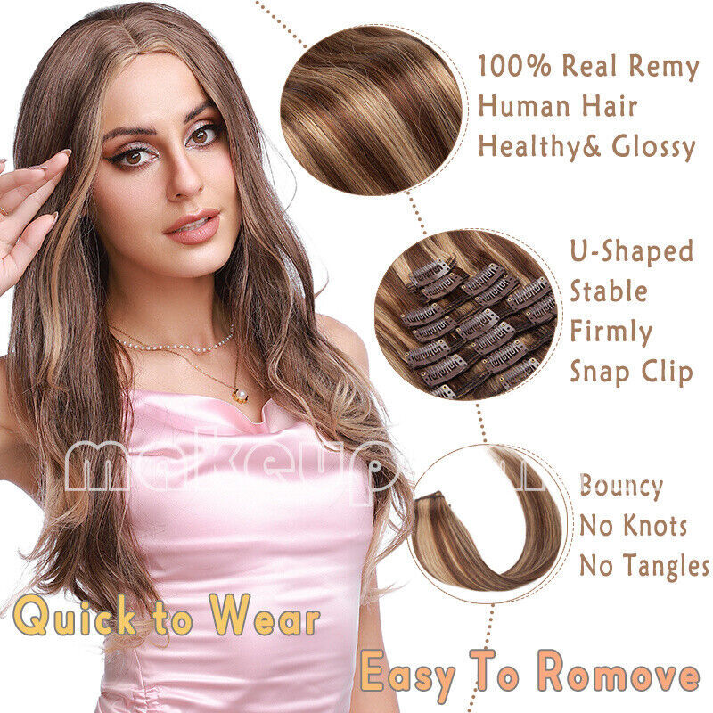 100% Clip In Remy Human Hair Extensions Full Head Black/Brown/Blonde Straight