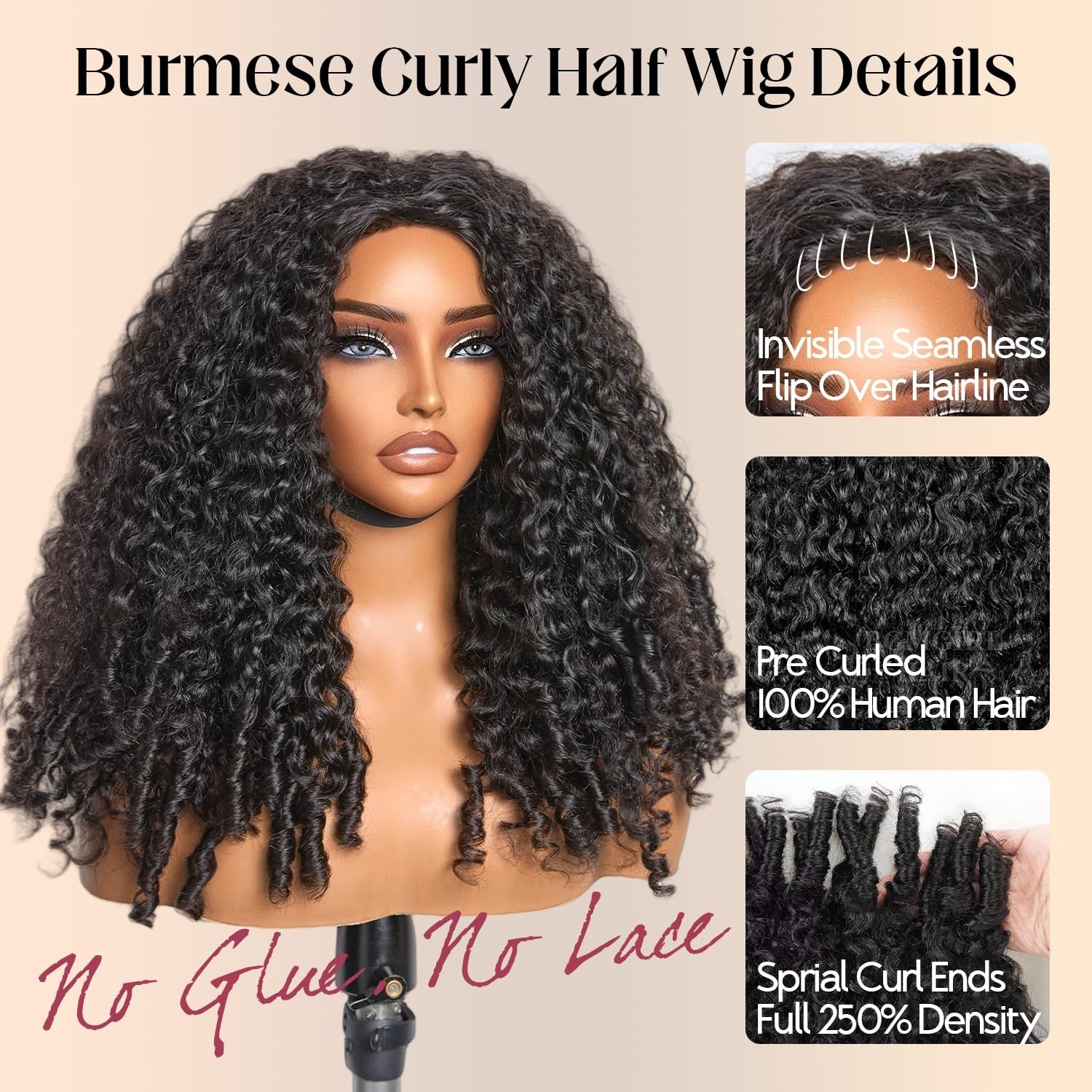 250% Density 20″ Burmese Curly Half Wig – 100% Human Hair, Glueless, Seamless, 3