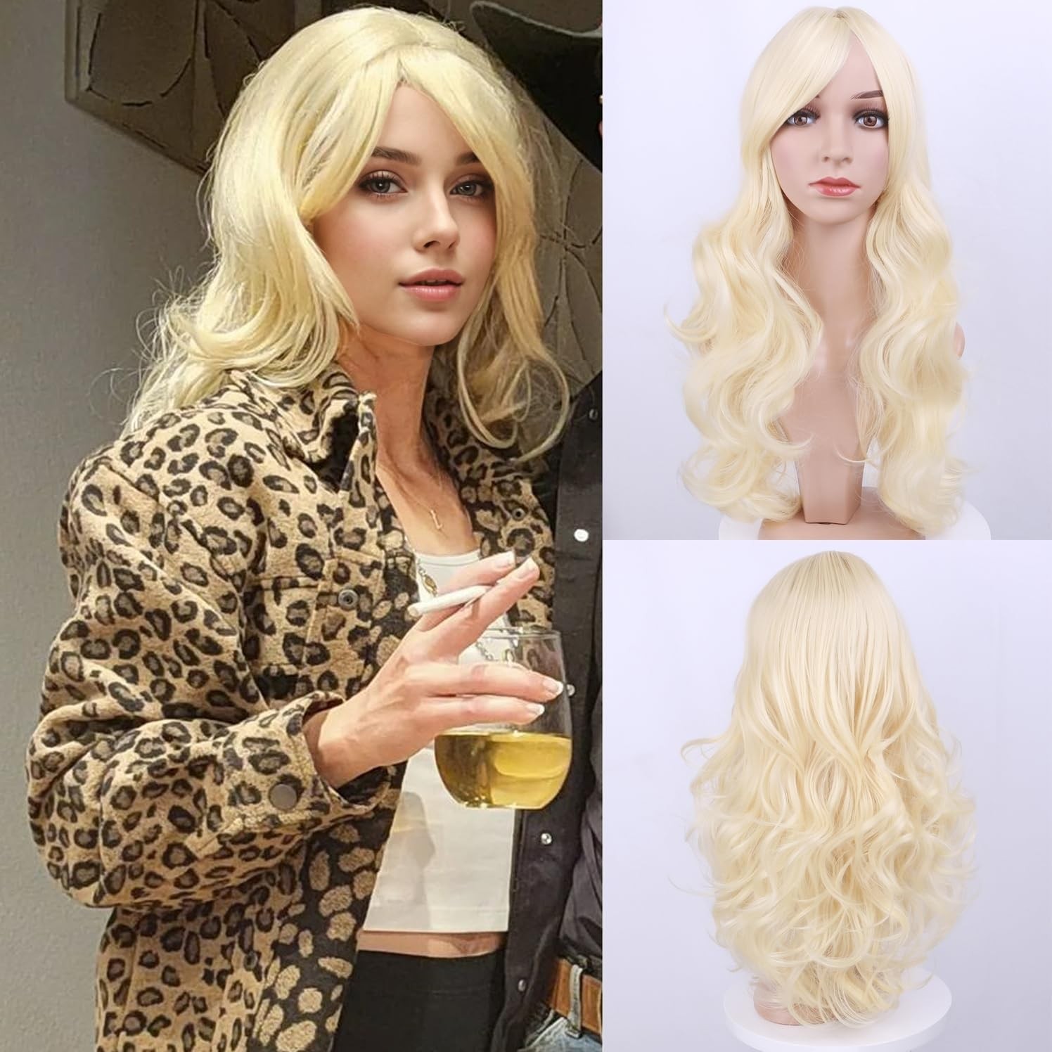 Long Wavy Blonde Wig for Women Light Blonde Wig wiht Bangs Synthetic Wig with…