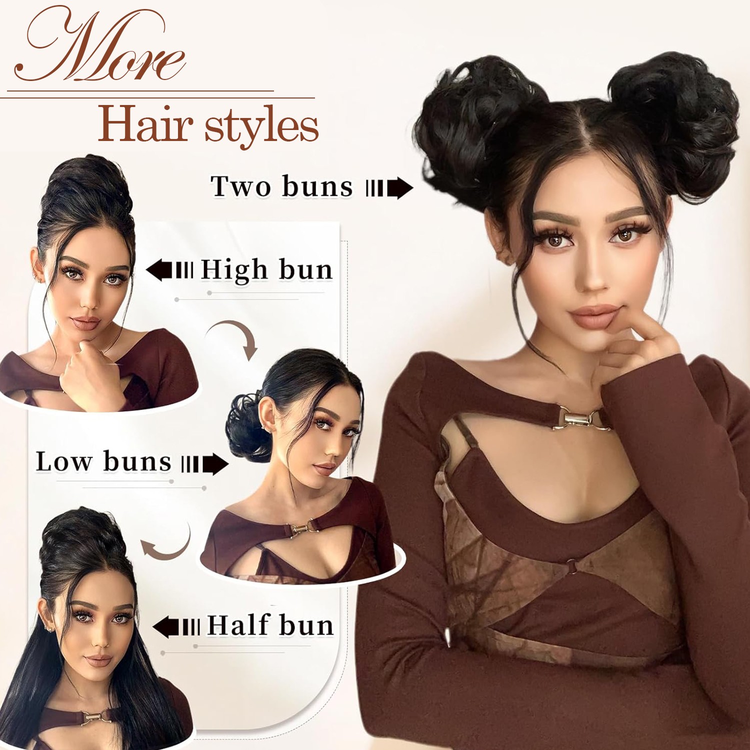 Real Natural Curly Messy Bun Hair Piece Scrunchie Hair Extensions as Human Brown