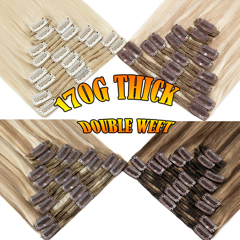 150G Extra Thick Clip In Real Human Hair Extensions Full Head Double Weft Blonde