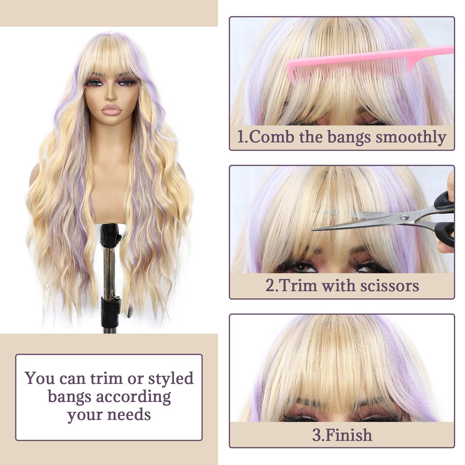 Blonde Wavy Wigs With Bangs for Women Body Wavy Synthetic Wig Highlight Blond…