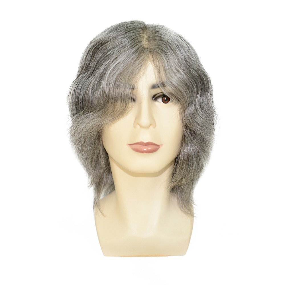 Mens Human Hair Full Head Wigs Thin Poly Skin Grey Wig Medium Size 6” #1B65