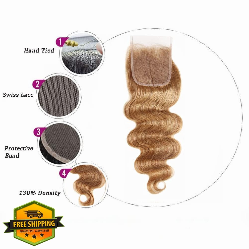 YiweYowe #27 Blonde Lace Closure 4×4 HD 18 Inch Brazilian Body Wave