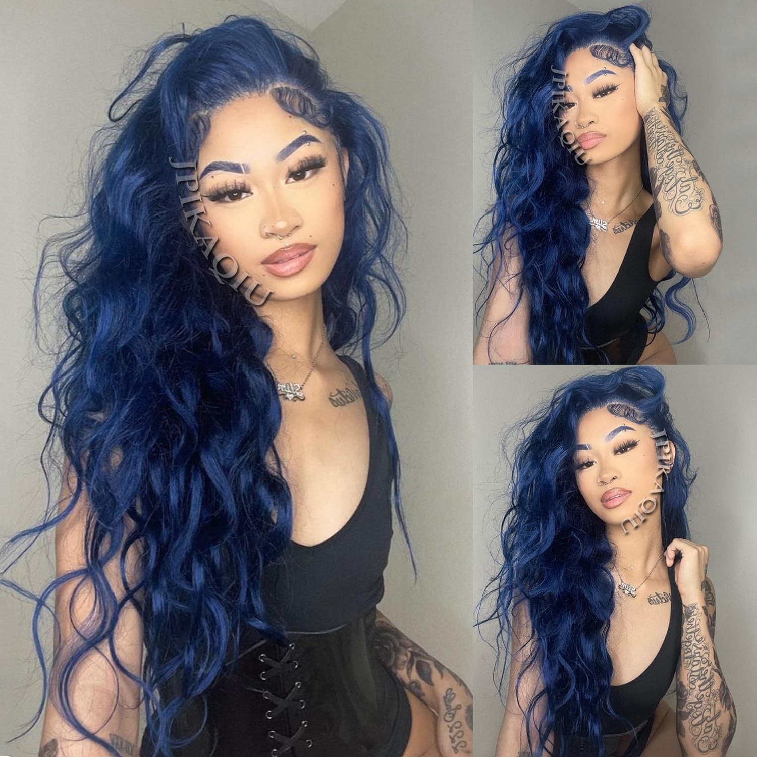 JPIKAQIU 24″ Dark Blue Lace Front Wig Pre Plucked Long Body Wave 13×4