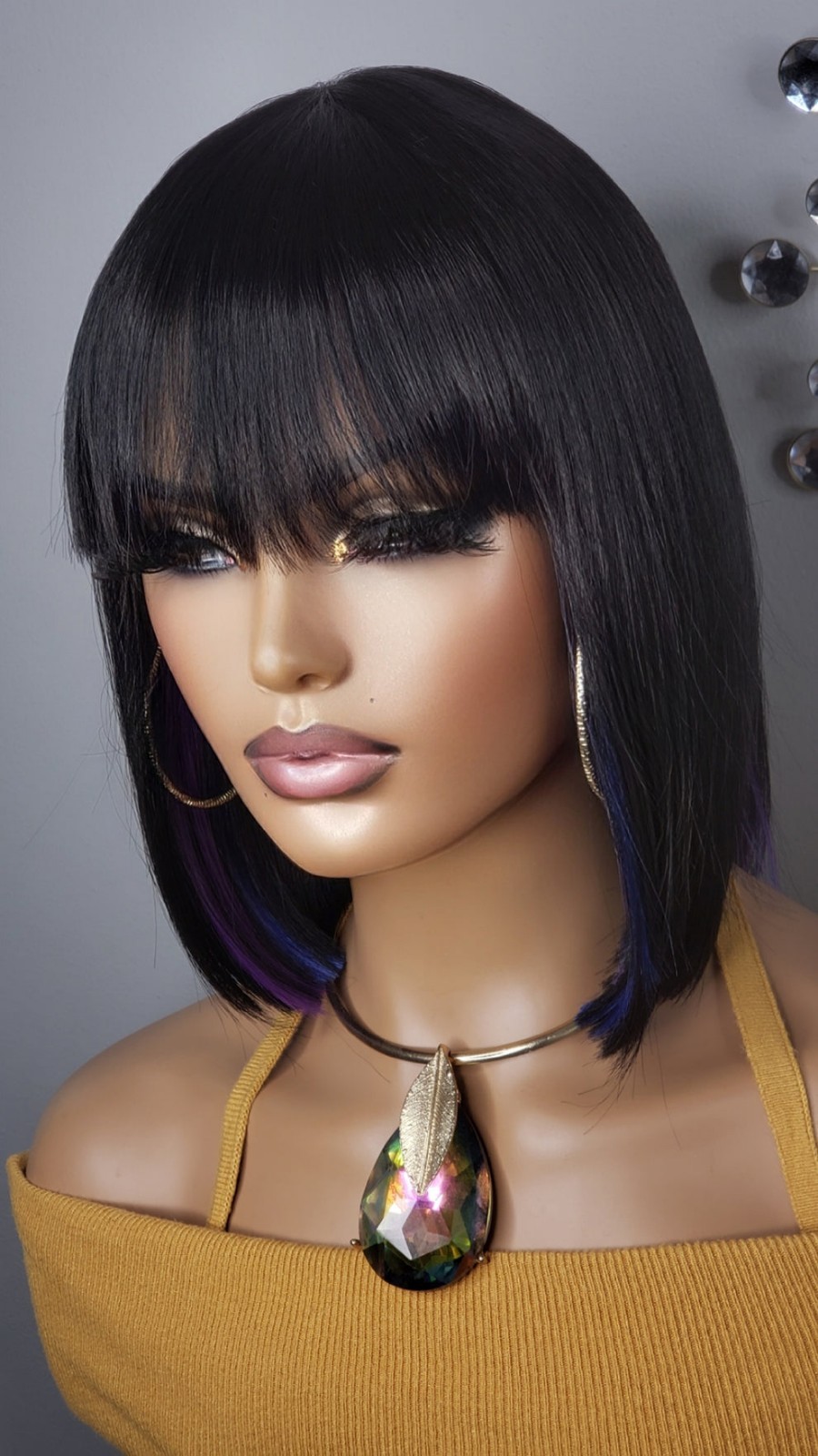 New Short Human Hair Blend Straight Bob Wrap Full Cap Wig Black Blue Purple Wig