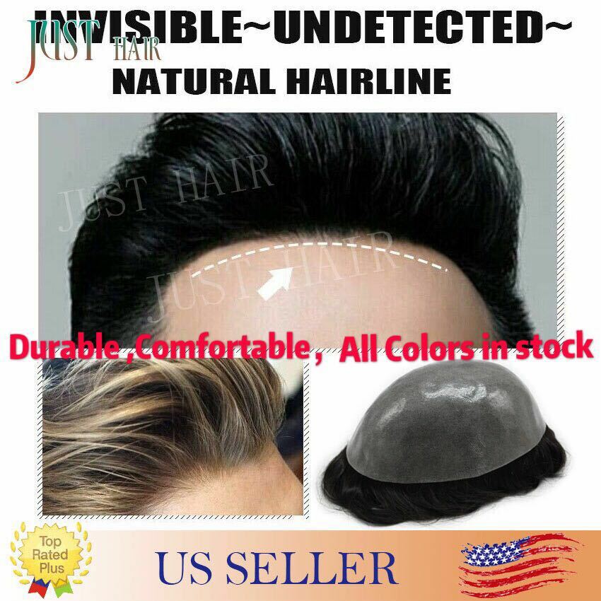 Mens Hair Replacement System All Poly Skin Men Toupee Hairpieces Human Hair Wigs